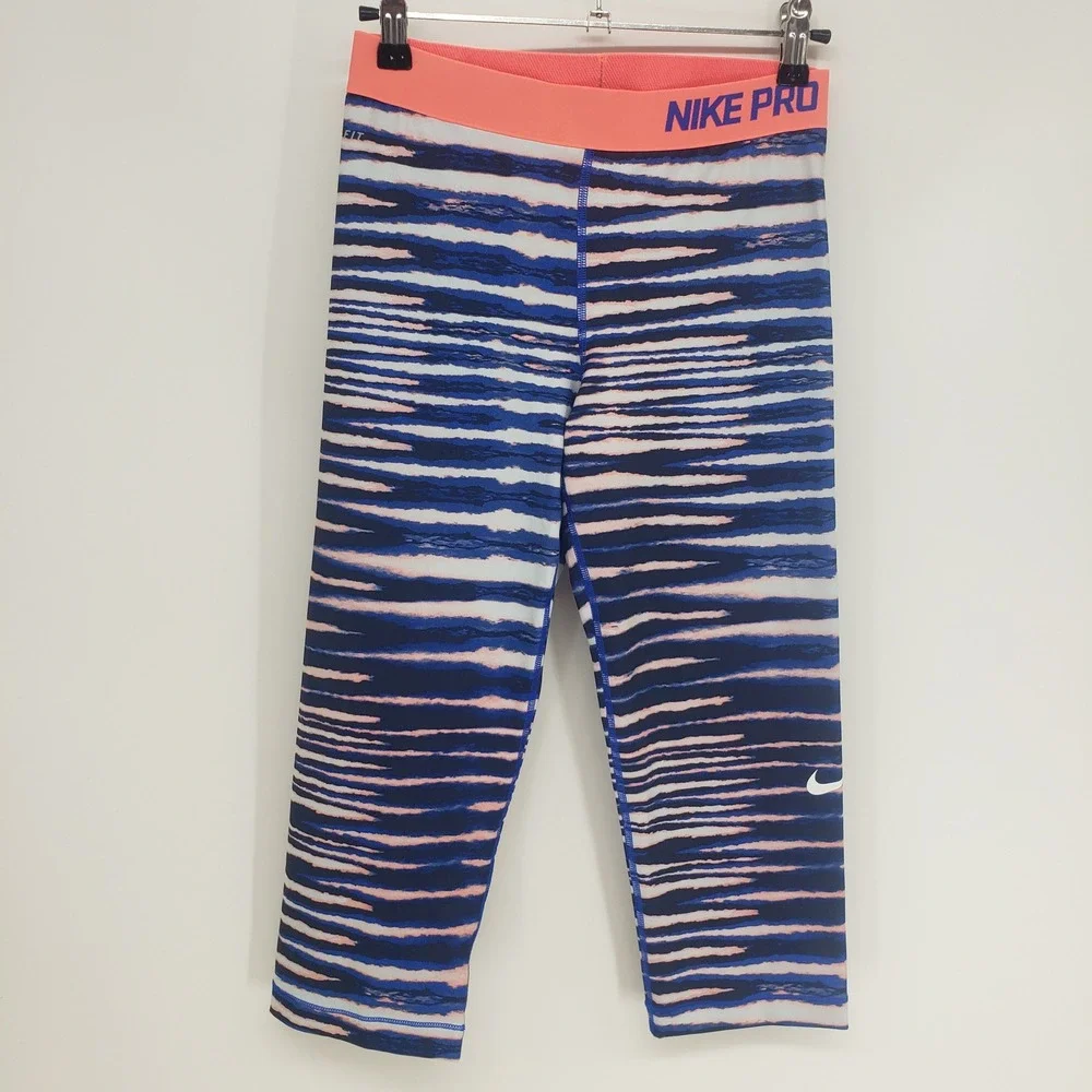 Nike Pro Abstract Zebra Stripe Capri Leggings Women M Blue Neon Pink Dri-FIT